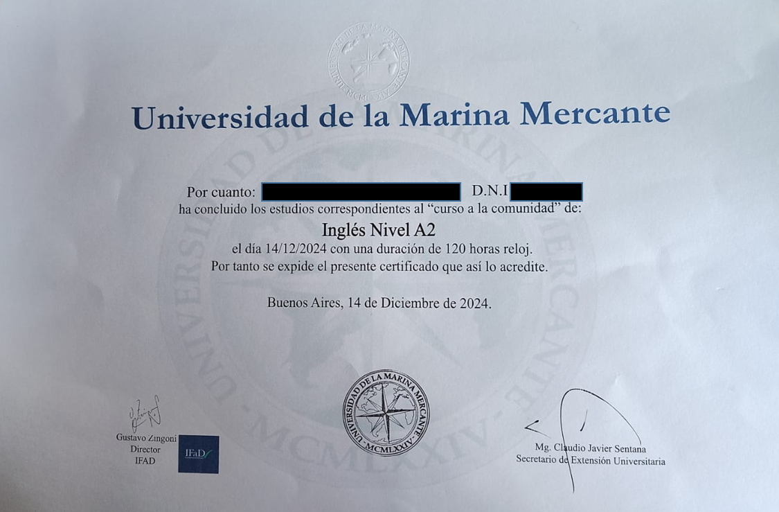 Certificate of Completion from Universidad de la Marina Mercante